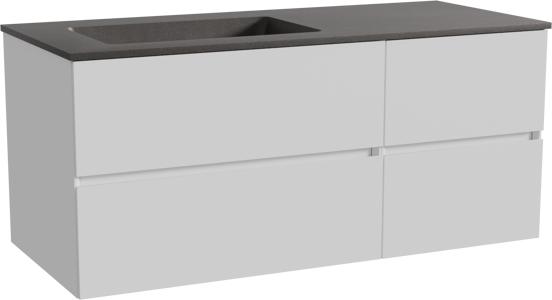 Storke Edge zwevend badmeubel 120 x 52 cm mat wit met Scuro asymmetrisch linkse wastafel in kwarts mat zwart