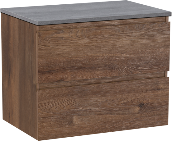 Linie Lado hängendes Möbelstück Set: 70 x 46 cm, Braune Eiche, mit Lado Einzel Waschtischplatte, Melamin Beton dunkelgrau
