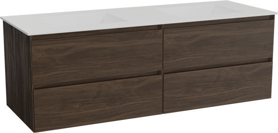 Balmani Mitra hängendes Möbelstück Set: 150 x 55 cm, Amerikanischer Nussbaum, mit Tablo Stretto Doppelwaschtisch, Solid Surface Weiß matt