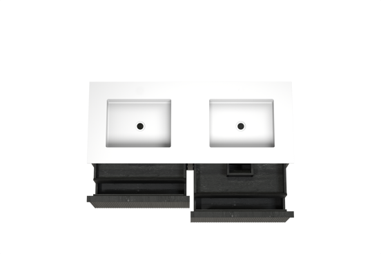 Balmani Forma meuble salle de bains suspendu 135 x 55 cm chêne noir avec Tablo Stretto double vasque en solid surface blanc mat, Nervure droite symétrique verticale