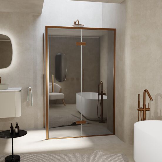 Balmani Senses Design douche en coin avec porte pivotante à droite et paroi latérale fixe, 120 x 100 cm, Miroir Reflex, Profil Brushed Rosegold, coating inclus