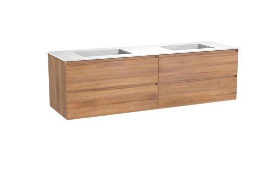 Balmani Mitra zwevend badkamermeubel 180 x 55 cm teak met Tablo Stretto dubbele wastafel in solid surface mat wit