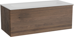 Balmani Forma zwevend badkamermeubel 120 x 55 cm amerikaanse notelaar met Tablo Arcato enkele wastafel voor 2 kraangaten in solid surface mat wit, Horizontale symmetrische rechte ribbel