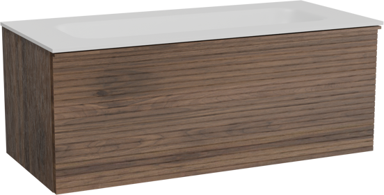 Balmani Forma zwevend badkamermeubel 120 x 55 cm amerikaanse notelaar met Tablo Arcato enkele wastafel voor 2 kraangaten in solid surface mat wit, Horizontale symmetrische rechte ribbel
