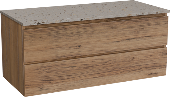 Balmani Lucida meuble salle de bains suspendu 120 x 55 cm teck avec Stretto tablette simple ou double en terrazzo greige terrazzo