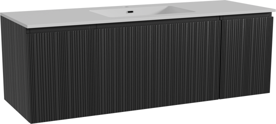 Storke Ribs zwevend badkamermeubel 145 x 52 cm zwarte eik met Diva enkele wastafel in composietmarmer glanzend wit, Verticale asymmetrische rechte ribbel