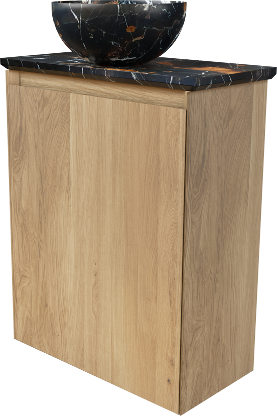 Balmani Mitra zwevend toiletmeubel 42 x 21 cm naturel eiken met Facetta wastafelblad en Bari XS waskom in Portoro Gold marmer