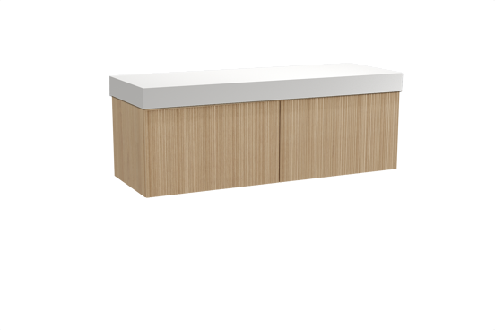 Balmani Forma hängendes Möbelstück Set: 150 x 55 cm, Naturbelassene Eiche, mit Dominus Einzel- oder Doppel Waschtischplatte, Solid Surface, Weiß matt, Vertikale asymmetrische Runde Rippe