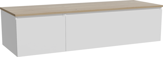Storke Edge zwevend badkamermeubel 150 x 52 cm glanzend wit met Panton enkel of dubbel tablet in melamine ruwe eik