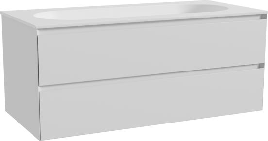 Balmani Mitra zwevend badkamermeubel 120 x 55 cm mat wit met Tablo Oval enkele wastafel voor 2 kraangaten in solid surface mat wit
