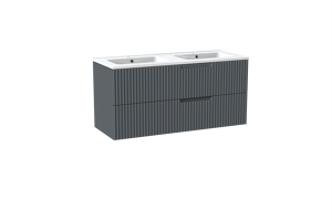 Linie Ribbo meuble salle de bains suspendu 120 x 46 cm bleu anthracite avec Vano double vasque en marbre composite blanc brillant, Nervure circulaire symétrique verticale