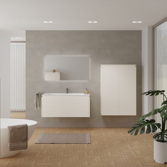 Balmani Eclips zwevend badkamermeubel 120 x 55 cm Sandbeige met Eclips enkele wastafel in Solid Surface mat wit