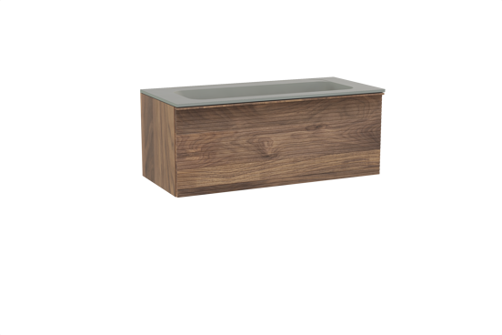 Balmani Forma zwevend badkamermeubel 120 x 55 cm amerikaanse notelaar met Tablo Strada enkele wastafel voor 2 kraangaten in composietmarmer zijdegrijs, Horizontale symmetrische rechte ribbel