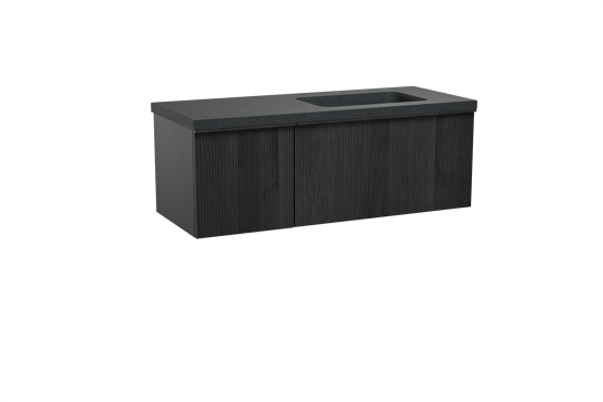 Balmani Forma meuble salle de bains suspendu 135 x 55 cm chêne noir avec Napoli vasque asymétrique droite en granit noir, Nervure droite symétrique verticale