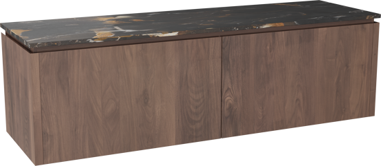 Balmani Eclips hängendes Möbelstück Set: 180 x 55 cm, Amerikanischer Nussbaum, mit Stretto Einzel- oder Doppel Waschtischplatte Portoro Gold Marmor