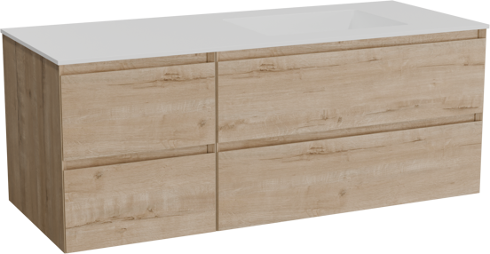 Balmani Mitra meuble salle de bains suspendu 135 x 55 cm chêne brut avec Tablo Stretto vasque asymétrique droite en solid surface blanc mat