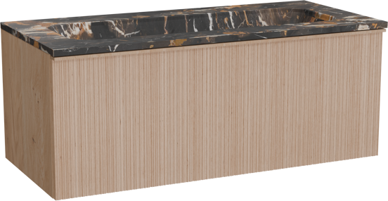 Balmani Forma zwevend badkamermeubel 120 x 55 cm natuur eik met Tablo Arcato enkele wastafel voor 2 kraangaten in marmer portoro gold, Verticale asymmetrische ronde ribbel
