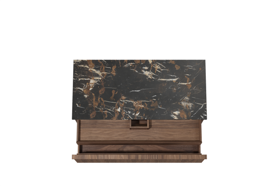 Balmani Forma hängendes Möbelstück Set: 120 x 55 cm, Amerikanischer Nussbaum, mit Stretto Einzel Waschtischplatte, Marmor, Portoro Gold, Vertikale symmetrische gerade Rippe