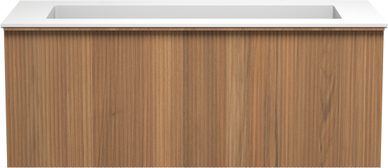 Balmani Forma hängendes Möbelstück Set: 120 x 55 cm, Teak, mit Tablo Stretto Einzelwaschtisch für 2 Armaturenlöcher, Solid Surface, Weiß matt, Vertikale symmetrische gerade Rippe
