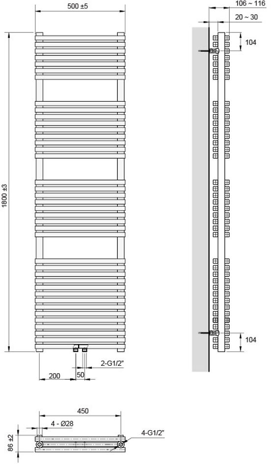 Vipera Vesuvio dubbele handdoekradiator 50 x 180 cm elektrische verwarming mat wit zij- en middenaansluiting 2.125W, weerstand inbegrepen