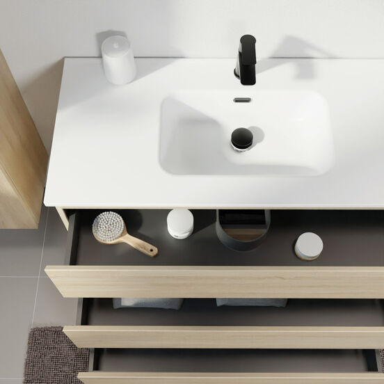 Linie Lado freistehendes Möbelstück Set: 80 x 46 cm, Weiße Eiche, mit Baro Einzelwaschtisch, Porzellan Weiß matt