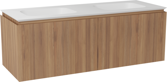Balmani Eclips zwevend badkamermeubel 150 x 55 cm Teak met Eclips dubbele wastafel in Solid Surface mat wit