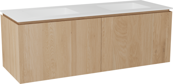 Balmani Eclips zwevend badkamermeubel 150 x 55 cm Natuur eik met Tablo Stretto dubbele wastafel in Solid Surface mat wit