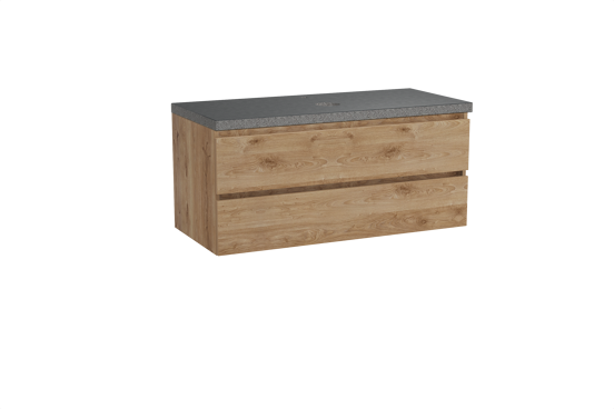 Balmani Lucida hängendes Möbelstück Set: 120 x 55 cm, Rohe Eiche, mit Rock Einzel Waschtischplatte, Schwarzes Granit