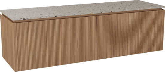 Balmani Eclips meuble salle de bains suspendu 180 x 55 cm Teck avec Stretto tablette simple ou double en Terrazzo greige, Nervure droite symétrique verticale