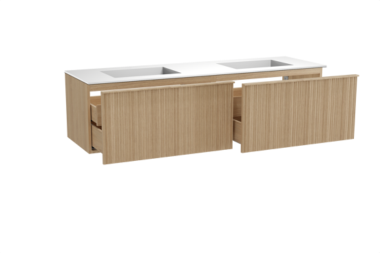 Balmani Forma zwevend badkamermeubel 180 x 55 cm natuur eik met Tablo Stretto dubbele wastafel in solid surface mat wit, Verticale asymmetrische ronde ribbel
