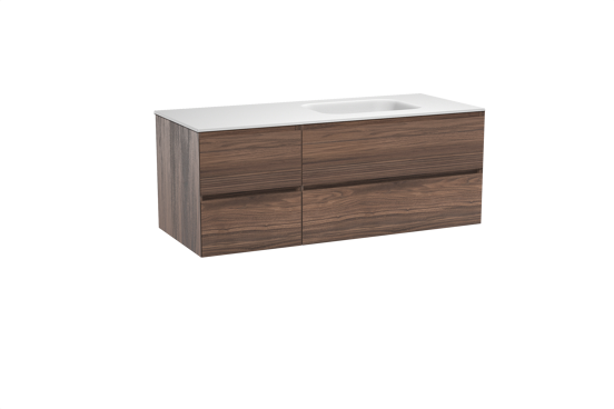 Balmani Mitra zwevend badkamermeubel 135 x 55 cm notelaar met Tablo Arcato asymmetrisch rechtse wastafel in solid surface mat wit