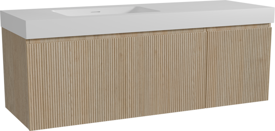 Storke Ribs hängendes Möbelstück Set: 150 x 52 cm, Rohe Eiche, mit Mata High Waschtisch links, Solid Surface, Weiß matt, Vertikale symmetrische gerade Rippe