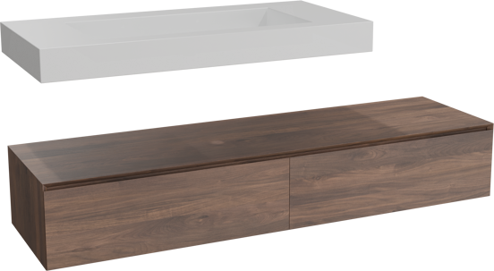 Balmani Mitra Elements zwevend badkamermeubel 180 x 55 cm Amerikaanse notelaar met Modus enkele wastafel voor 2 kraangaten 120 cm in solid surface mat wit
