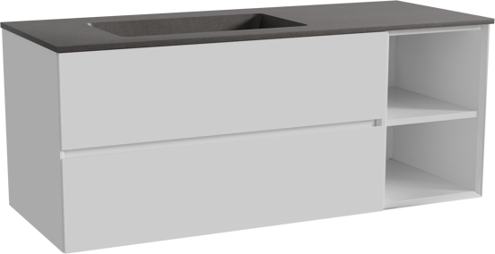 Storke Edge zwevend badmeubel 130 x 52 cm hoogglans wit met Scuro asymmetrisch linkse wastafel in kwarts mat zwart