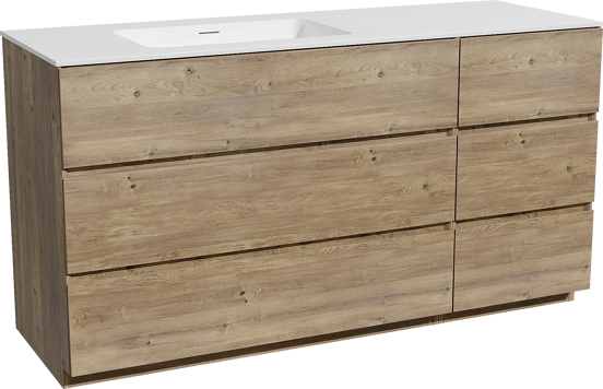 Storke Edge staand badkamermeubel 150 x 52 cm ruwe eik met Mata asymmetrisch linkse wastafel in solid surface mat wit