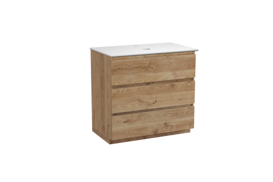 Balmani Lucida freistehendes Möbelstück Set: 90 x 55 cm, Rohe Eiche, mit Facetta Einzel Waschtischplatte, Solid Surface Weiß matt