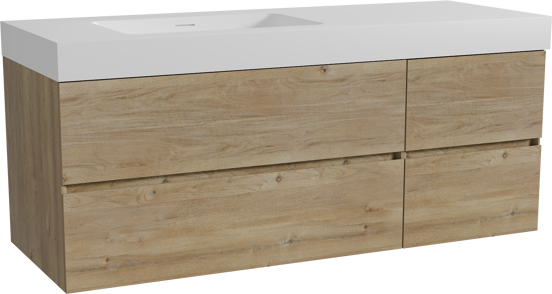 Storke Edge zwevend badmeubel 140 x 52 cm ruw eiken met Mata High asymmetrisch linkse wastafel in solid surface mat wit