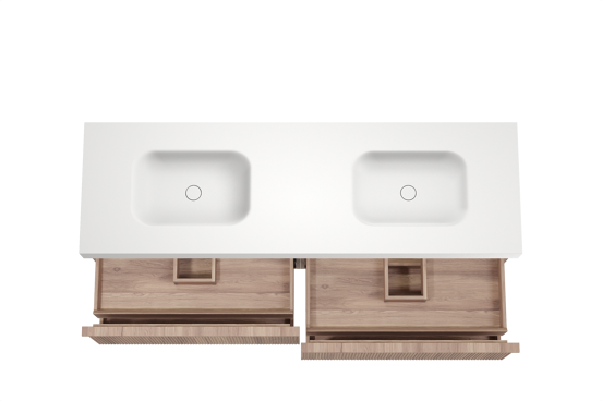 Balmani Forma zwevend badkamermeubel 180 x 55 cm teak met Arcato dubbele wastafel in solid surface mat wit, Verticale symmetrische rechte ribbel