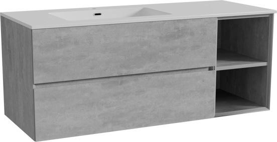 Storke Edge zwevend badmeubel 130 x 52 cm beton donkergrijs met Diva asymmetrisch linkse wastafel in composietmarmer hoogglans wit