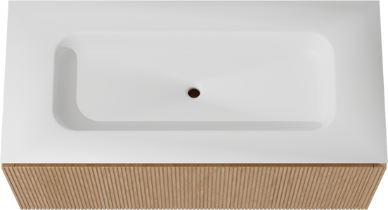 Balmani Eclips zwevend badkamermeubel 120 x 55 cm Natuur eik met Eclips enkele wastafel in Solid Surface mat wit, Verticale symmetrische rechte ribbel