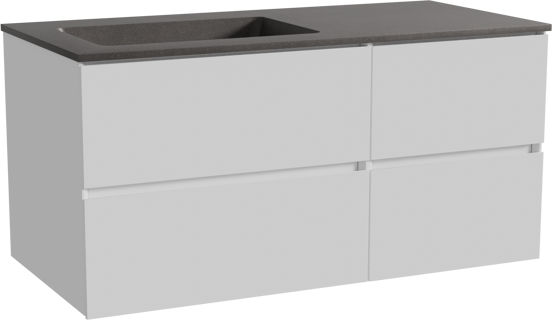 Storke Edge zwevend badmeubel 110 x 52 cm hoogglans wit met Scuro asymmetrisch linkse wastafel in kwarts mat zwart