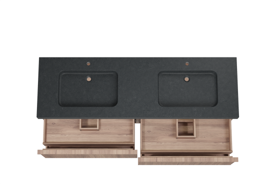 Balmani Forma hängendes Möbelstück Set: 180 x 55 cm, Teak, mit Napoli Doppelwaschtisch, Granit, Schwarzes Granit, Vertikale symmetrische gerade Rippe