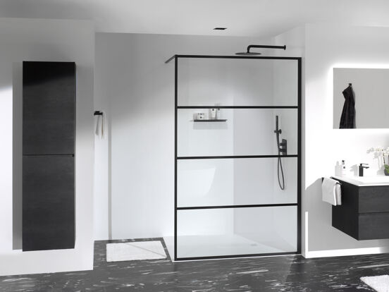 Balmani Framed inloopdouche 140 x 210 cm lined glas mat zwart profiel