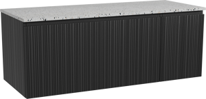 Storke Ribs hängendes Möbelstück Set: 130 x 52 cm, Schwarze Eiche, mit Tavola Einzel- oder Doppel Waschtischplatte, Terrazzo in Weiß/Schwarz matt, Vertikale asymmetrische gerade Rippe