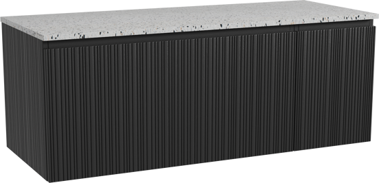 Storke Ribs zwevend badmeubel 130 x 52 cm zwart eiken met Tavola enkel of dubbel wastafelblad in mat wit/zwart terrazzo, Verticale asymmetrische rechte ribbel