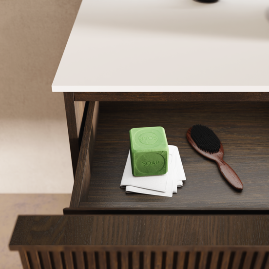 Balmani Forma hängendes Möbelstück Set: 120 x 55 cm, Geräucherte Eiche, mit Tablo Arcato Einzelwaschtisch für 2 Armaturenlöcher, Solid Surface, Weiß matt, Vertikale symmetrische gerade Rippe