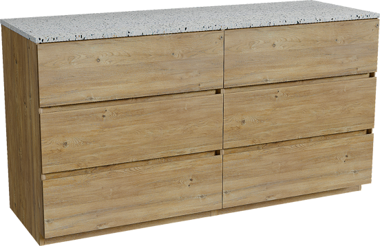 Storke Edge meuble salle de bains à poser 150 x 52 cm chêne brut avec Tavola tablette simple ou double en blanc/noir mat terrazzo