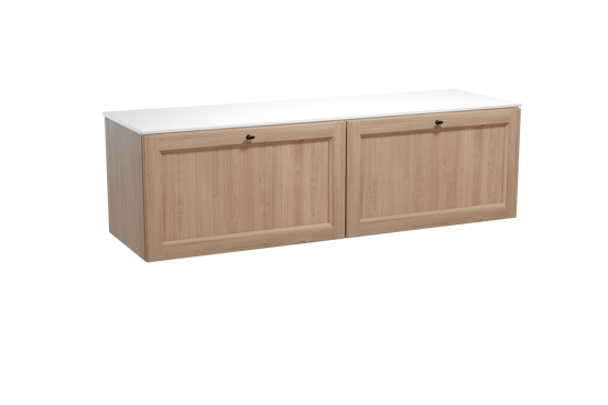 Balmani Lemon zwevend badkamermeubel 180 x 55 cm verweerde eik met Stretto enkel of dubbel tablet in solid surface mat wit