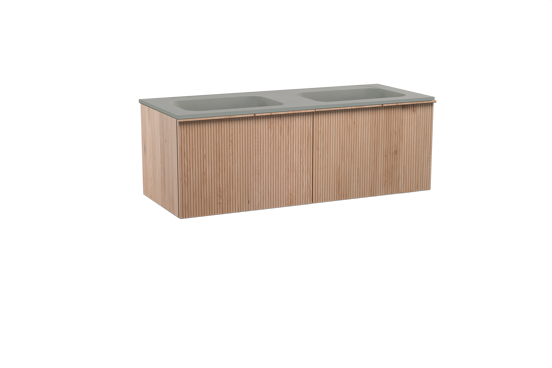 Balmani Forma zwevend badkamermeubel 135 x 55 cm natuur eik met Tablo Strada dubbele wastafel in composietmarmer zijdegrijs, Verticale symmetrische rechte ribbel