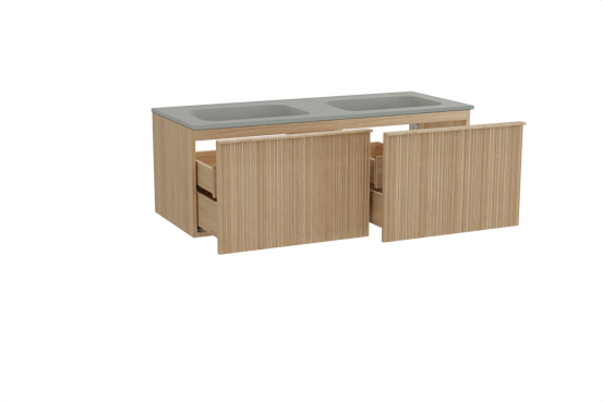 Balmani Forma zwevend badkamermeubel 135 x 55 cm natuur eik met Tablo Strada dubbele wastafel in composietmarmer zijdegrijs, Verticale asymmetrische ronde ribbel